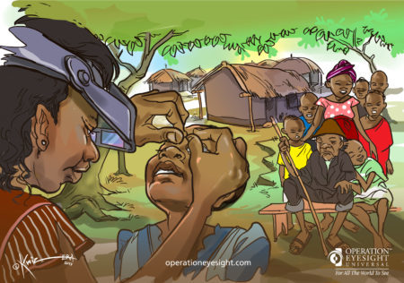 community health worker trained by Operation Eyesight screens Ruth's eyes and refers her for treatment