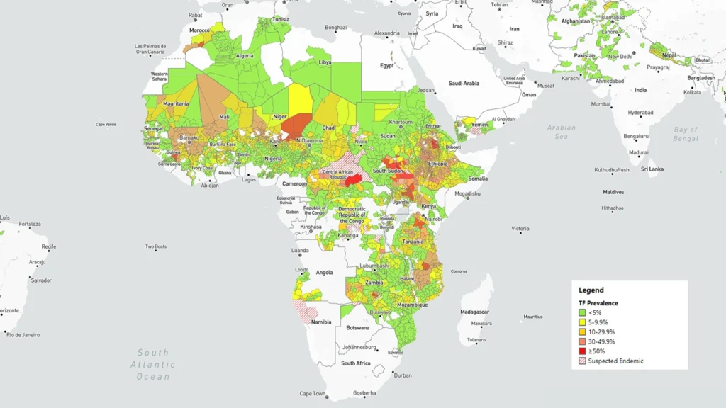 A coloured map of Africa, the Middle East and South & Central Asia highlights the areas where trachoma is prevalent. 